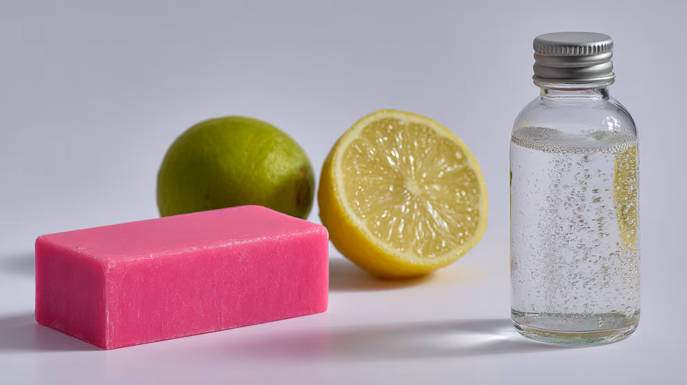 Drei wirkungsvolle Anwendungen für den Haushalt mit einer Mischung aus Wasserstoffperoxid, Natriumbikarbonat und Flüssigwaschmittel oder Seife